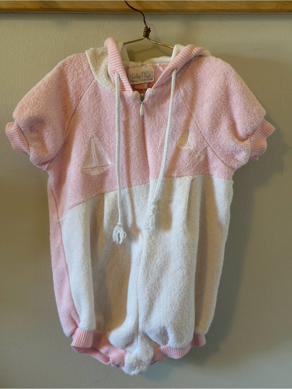 Vintage Dior Baby Pink & White Terry Hoodie Romper -